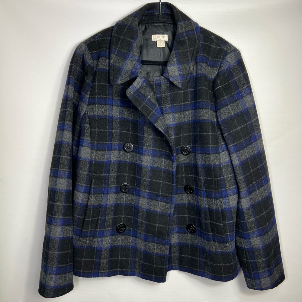 J.CREW Plaid Pea Coat blue grey wool blend size 8